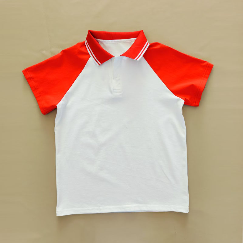 白色校服短袖上衣大红插肩袖大红领两白条男女通用班服T恤POLO衫