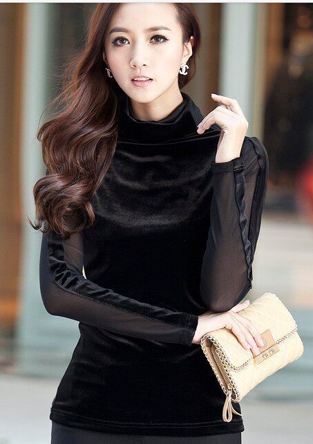 春秋新款高领网纱金丝绒拼接黑色t恤女长袖打底衫修身显瘦大码韩