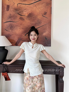 DIGM新中式国风盘扣不规则设计收腰显瘦针织小衫2024夏季新款上衣