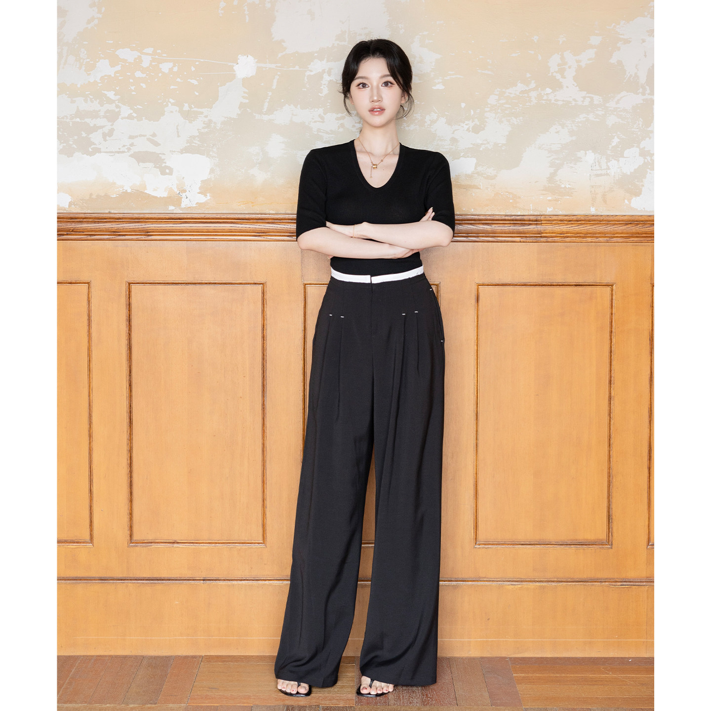 SerioLudere蛋仔很懒/黑色高腰宽松修饰腿型百搭阔腿拖地休闲裤女,女装/女士精品,休闲裤,淘宝优惠券,粉丝福利购,淘宝优惠卷