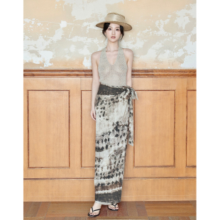 SerioLudere蛋仔很懒 90%棉设计感咖色印花高腰不挑人绑带半身裙