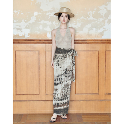 SerioLudere蛋仔很懒/ 90%棉设计感咖色印花高腰不挑人绑带半身裙