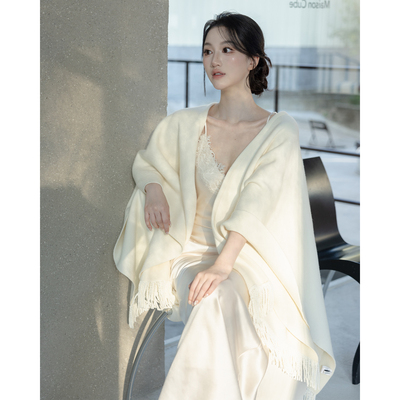 SerioLudere蛋仔很懒/95.3绵羊毛百搭不挑身材白色流苏披肩外搭女