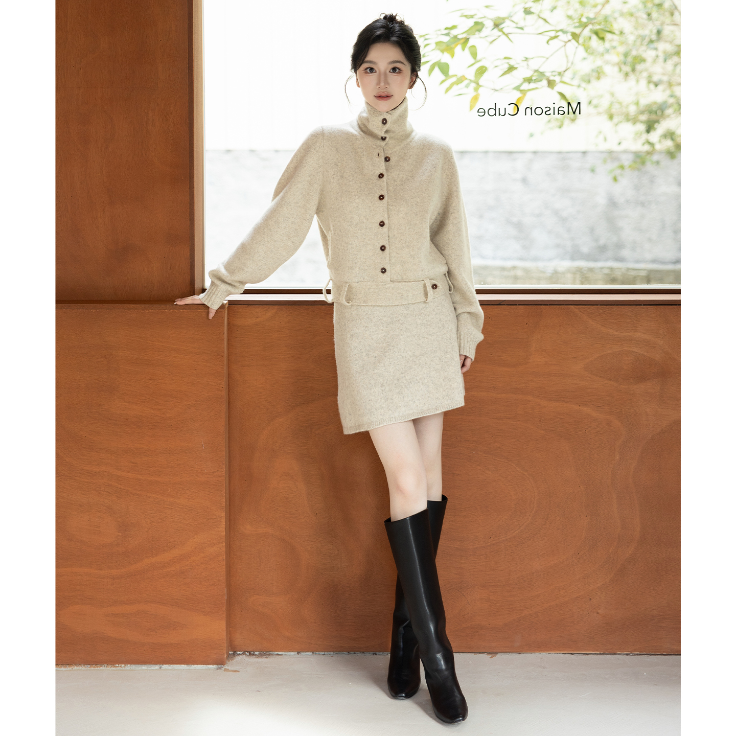 SerioLudere蛋仔很懒/杏子灰立领保暖外套上衣高腰百搭半裙套装女