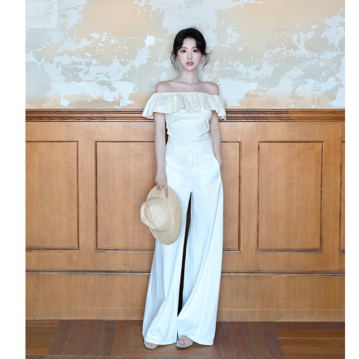 SerioLudere蛋仔很懒/ 氛围感荷叶边设计感修身蓬蓬一字领上衣T恤