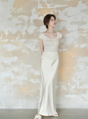 SerioLudere蛋仔很懒 杏色T恤 长款包臀鱼尾半身裙垂顺三醋酸裙子