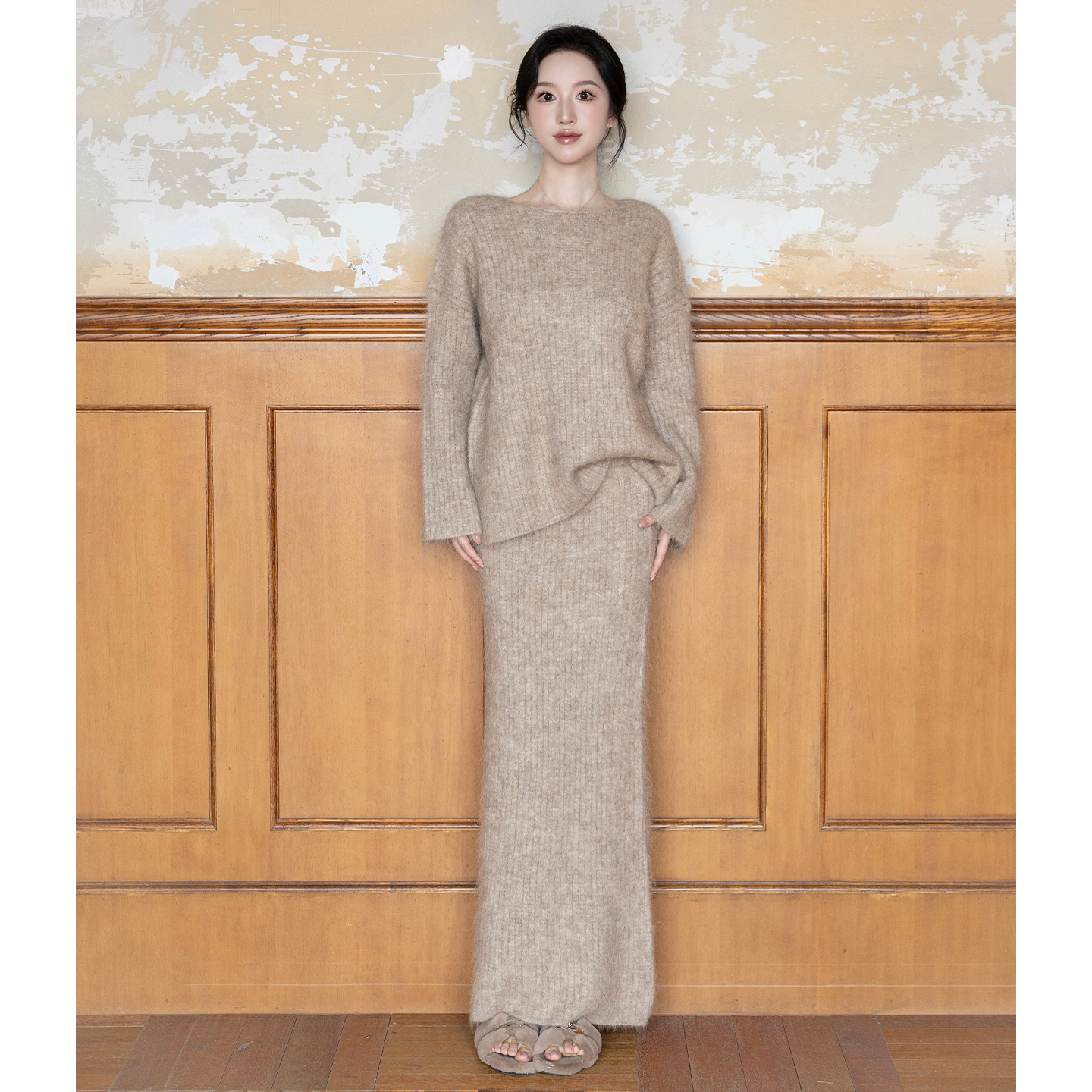 SerioLudere蛋仔很懒/ 羊驼毛宽松遮肉套头毛衣针织半身裙 套装女