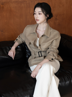SerioLudere蛋仔很懒/老钱风亚麻短款绑带收腰显瘦百搭风衣外套女
