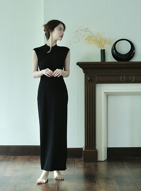 SerioLudere蛋仔很懒 曲珠冰丝新中式黑色收腰显瘦盘扣旗袍连衣裙