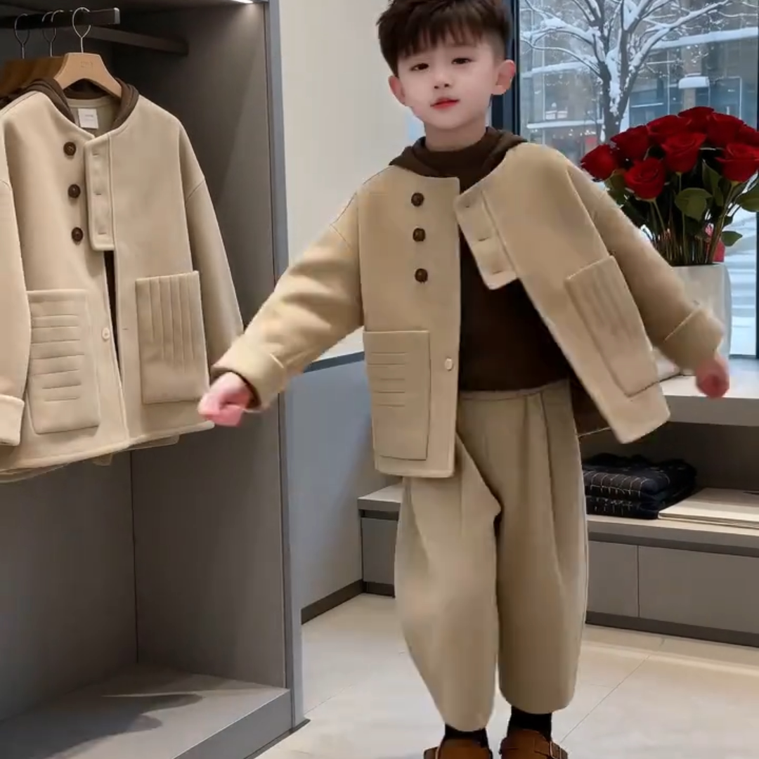 装秋冬呢子套装女童毛呢外套男童呢子大衣长裤两件套弯刀裤