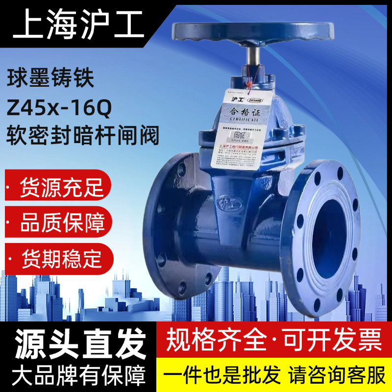 上海沪工阀门Z45X-16Q法兰闸阀暗杆软密封阀门消防自来水铸铁100