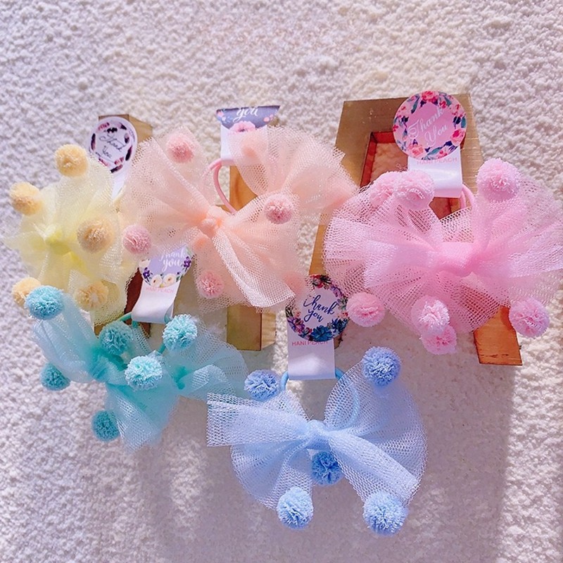 新款马卡龙球球网纱蝴蝶结儿童发圈扎马尾皮筋女宝宝头绳绕绕发饰