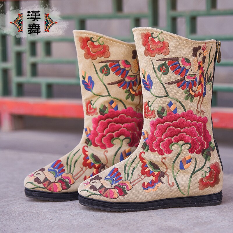 汉舞民族风中筒女靴绣花女单靴千层底布鞋后拉链靴子 姹紫嫣红