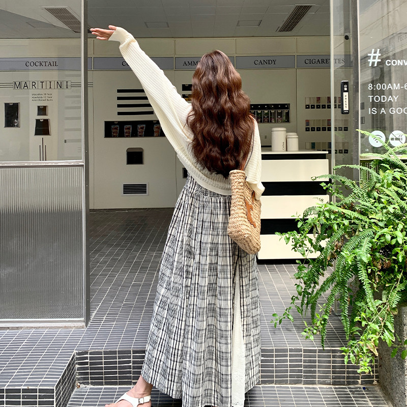 设计感格纹蕾丝吊带连衣裙两件套女春秋2025新款显瘦流行爆款长裙,女装套装/套裙,2D109