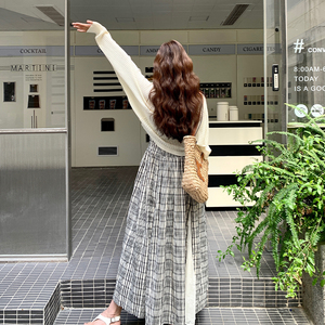 设计感格纹蕾丝吊带连衣裙两件套女春秋2025新款显瘦流行爆款长裙图片