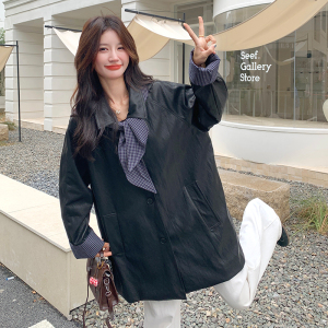 格纹撞色拼接连帽皮衣外套女2025早春秋韩系气质设计感中长款风衣图片