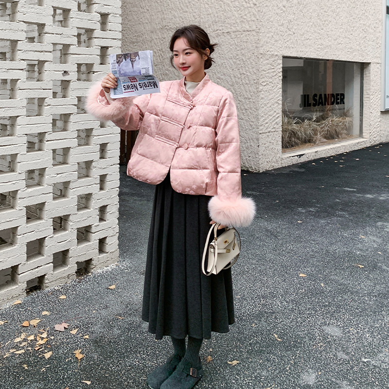 粉色新中式提花羽绒服女2025冬季新款小个子减龄保暖90白鸭绒外套,女装羽绒服,2D109