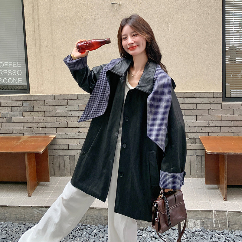 格纹撞色拼接连帽皮衣外套女2025早春秋韩系气质设计感中长款风衣,女装皮衣,2D109