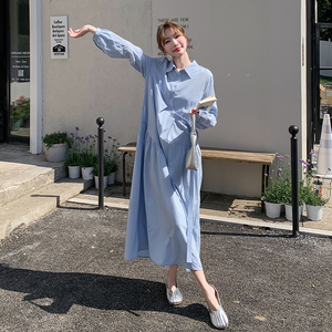 法式复古蓝色不规则衬衫裙女2025夏淡人气质收腰显瘦高级感连衣裙图片