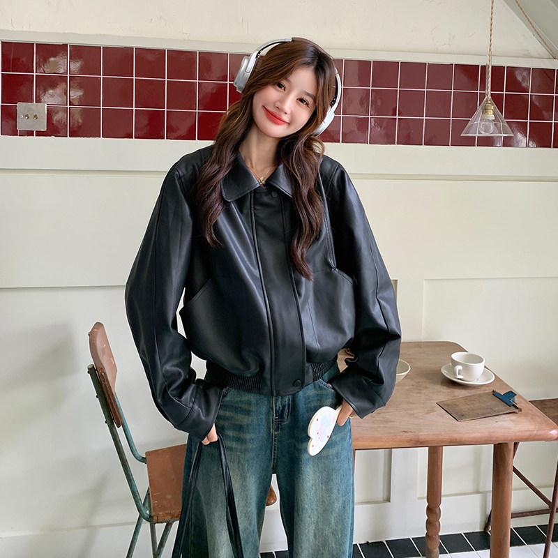 黑色美式复古皮衣外套女2025秋季新款韩版小个子休闲机车PU皮夹克,女装皮衣,2D109