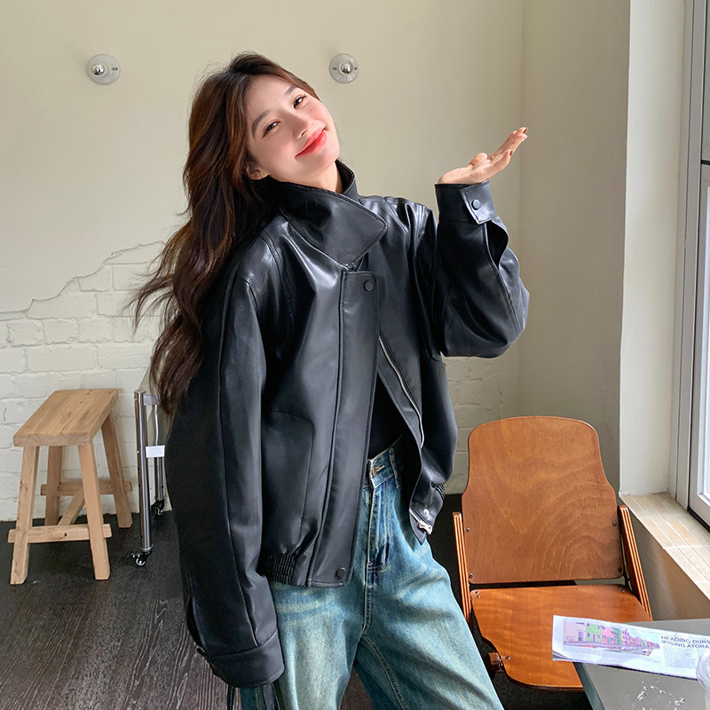 黑色美式复古皮衣外套女2025秋季新款韩版小个子休闲机车PU皮夹克,女装皮衣,2D109