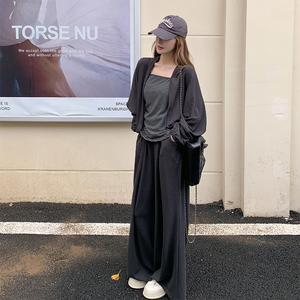 韩系慵懒风轻熟减龄套装女2025秋季休闲披肩条纹吊带阔腿裤三件套图片