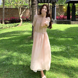 法式仙气飘飘粉色连衣裙女夏季2025新款温柔风蕾丝拼接绝美长裙子，女装连衣裙，2D109