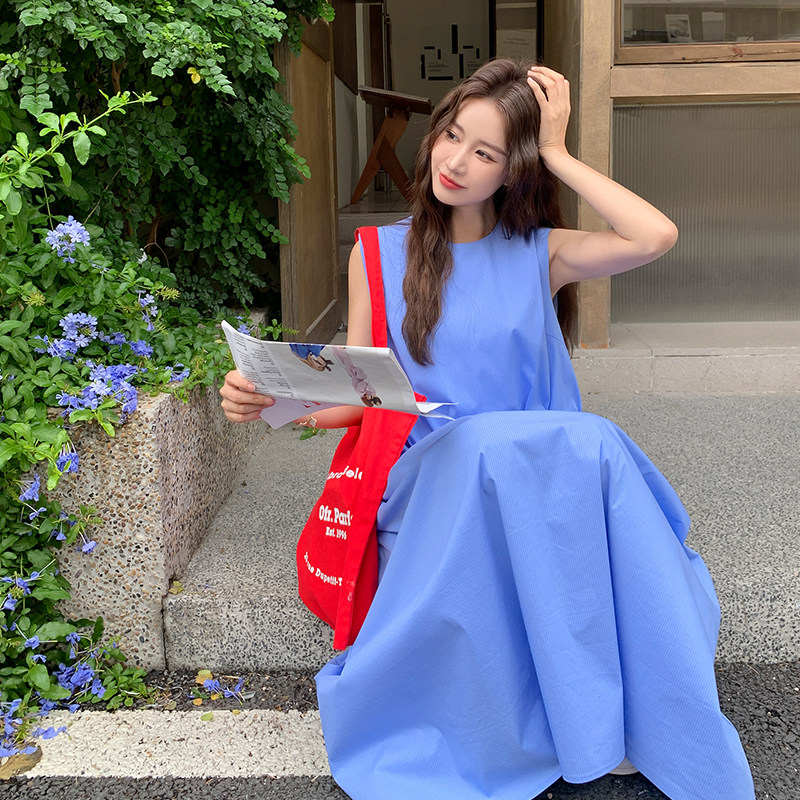 文艺风简约不规则打揽拼接日系连衣裙2025夏季甜美减龄圆领A字裙,女装连衣裙,2D109