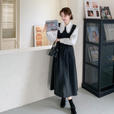 法式文艺甜美衬衫背心裙套装女2025春秋季新款韩版显瘦无袖连衣裙，女装套装/套裙，2D109