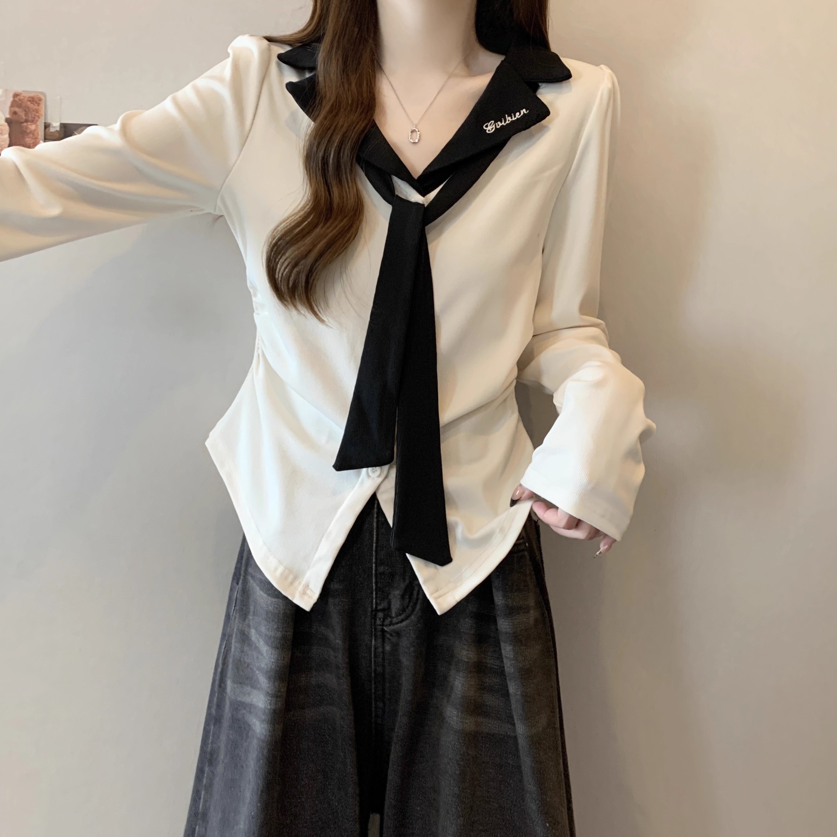 大码遮肚子刺绣polo领长袖T恤女