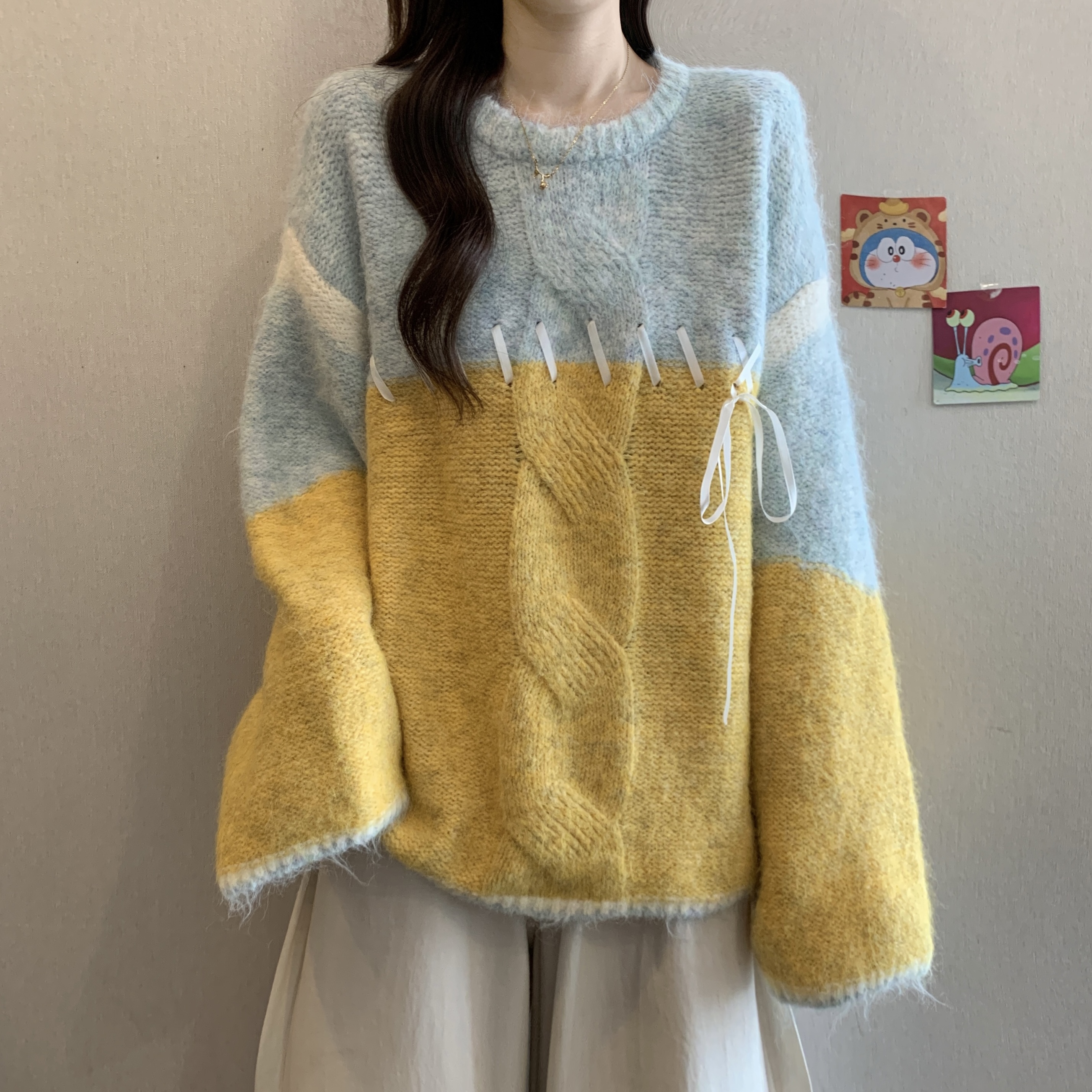大码法式温柔拼色软糯毛衣女