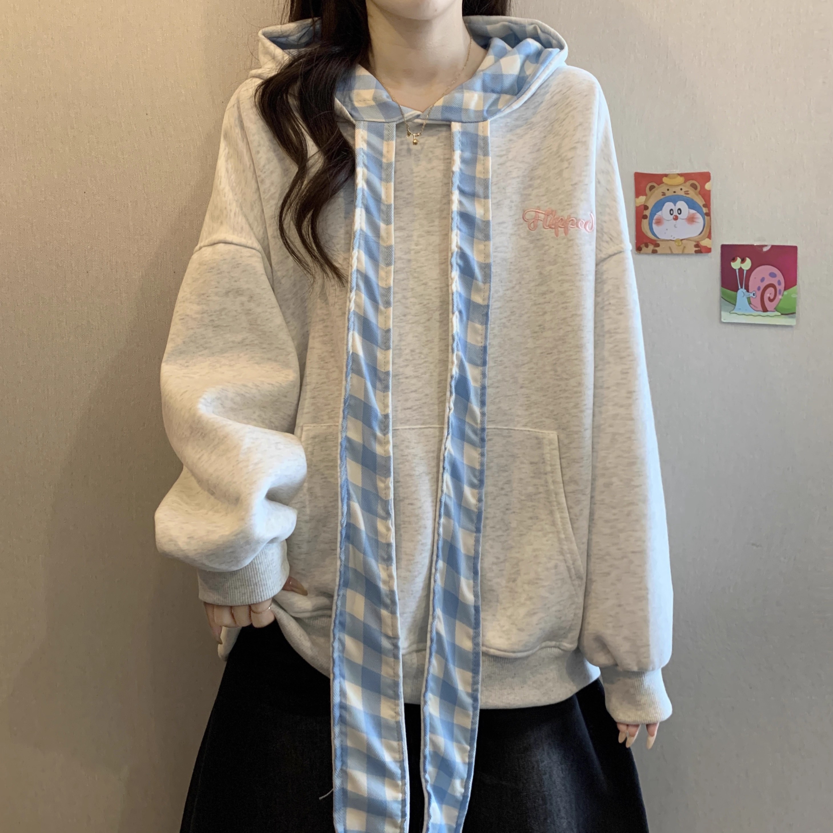 大码宽松慵懒风连帽卫衣打底衫女