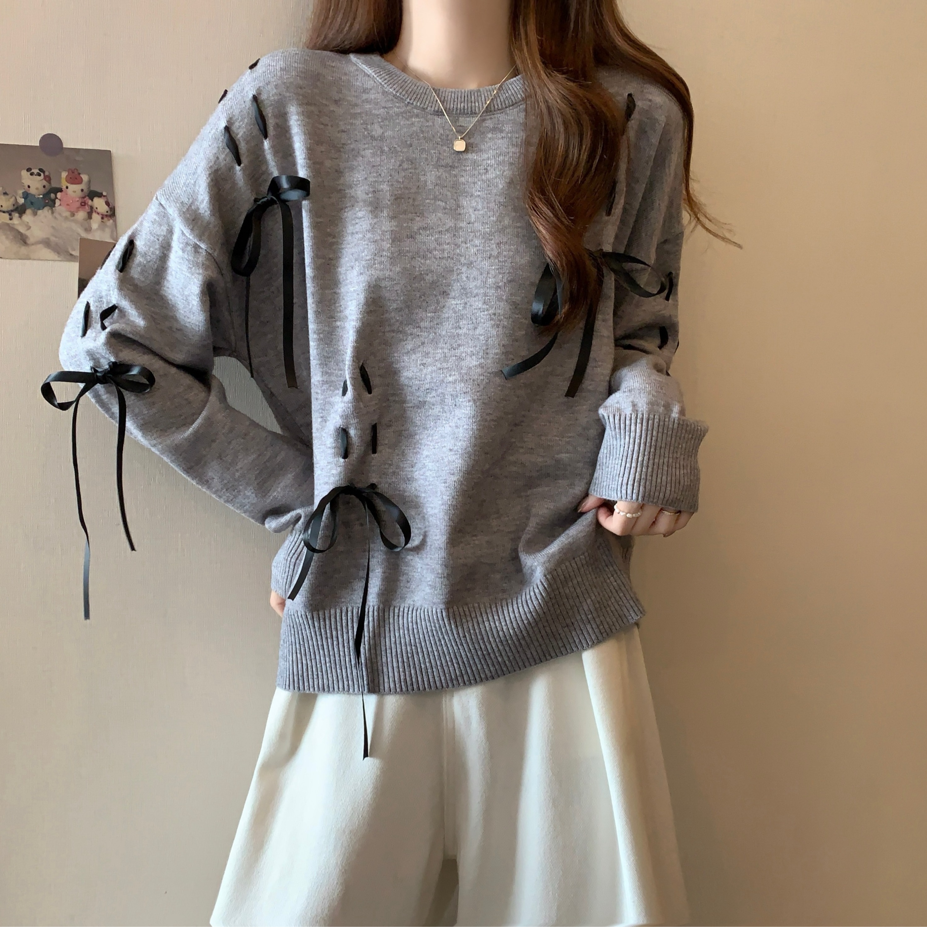 大码设计感蝴蝶结绑带毛衣女