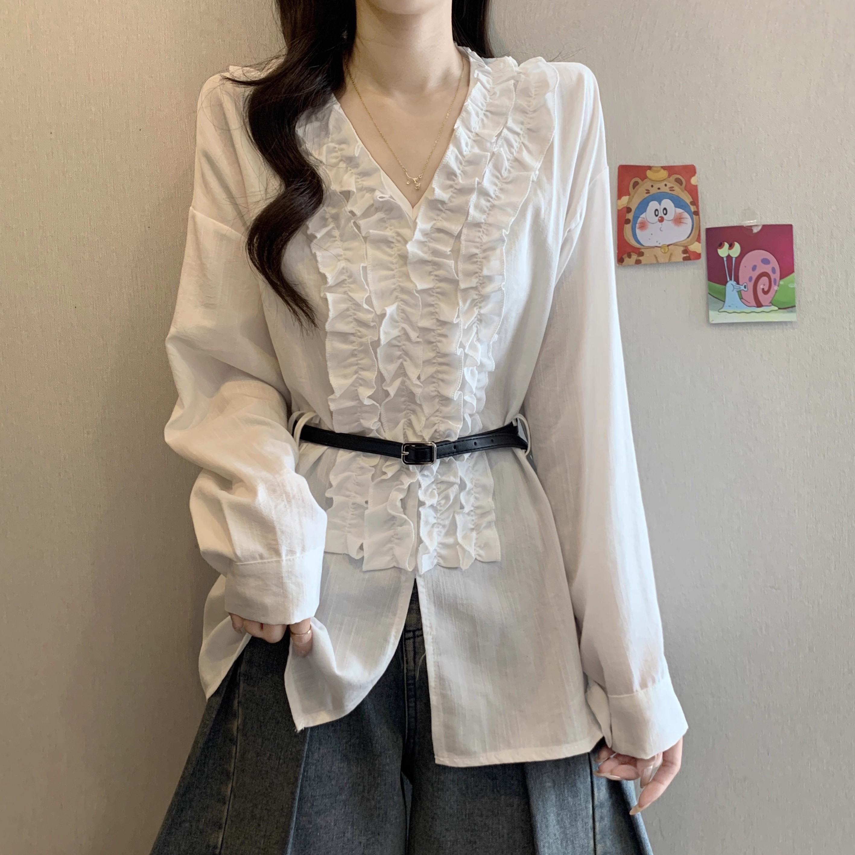 大码女装法式高级木耳边V领衬衫