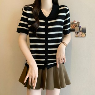 大码 条纹Polo领短袖 款 针织开衫 胖mm设计感遮肚减龄打底上衣 女夏季