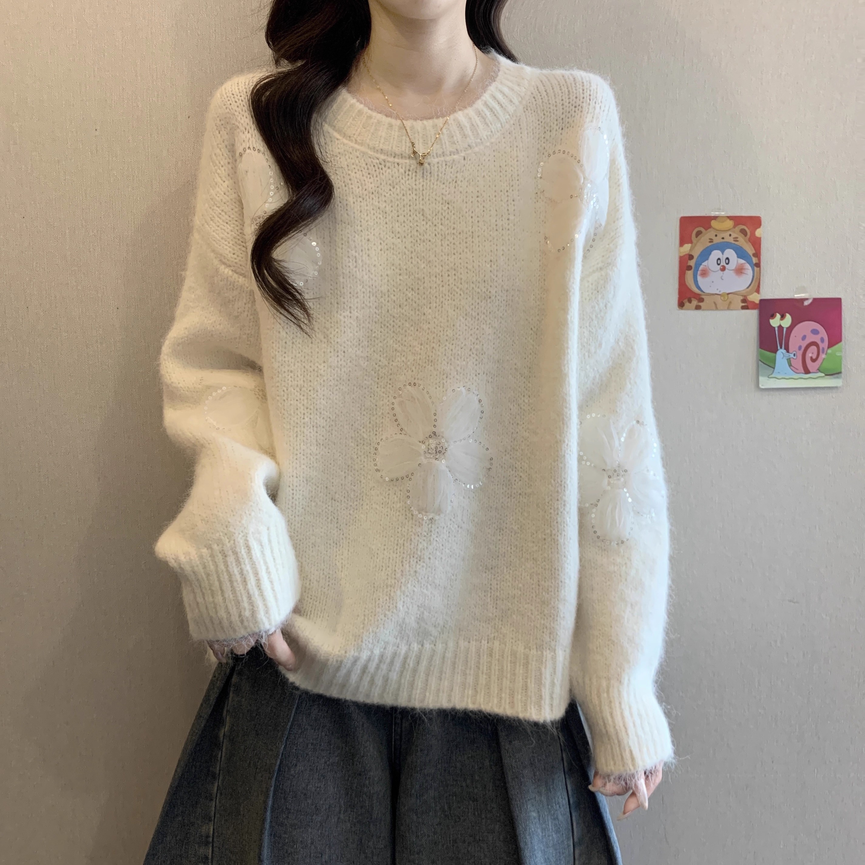 大码法式立体花朵刺绣针织衫女