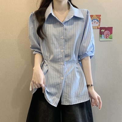法式Polo领蓝色条纹短袖衬衫女夏