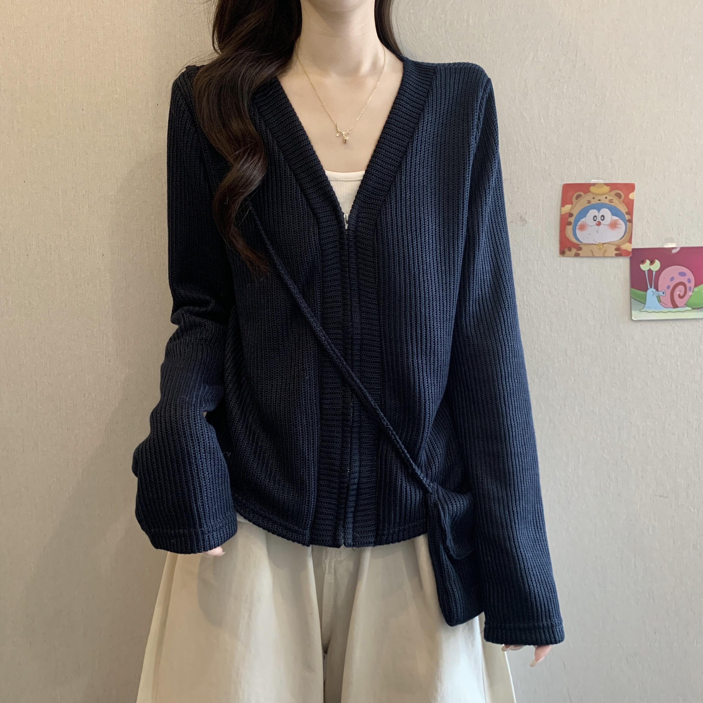 大码法式v领拉链针织衫毛衣女