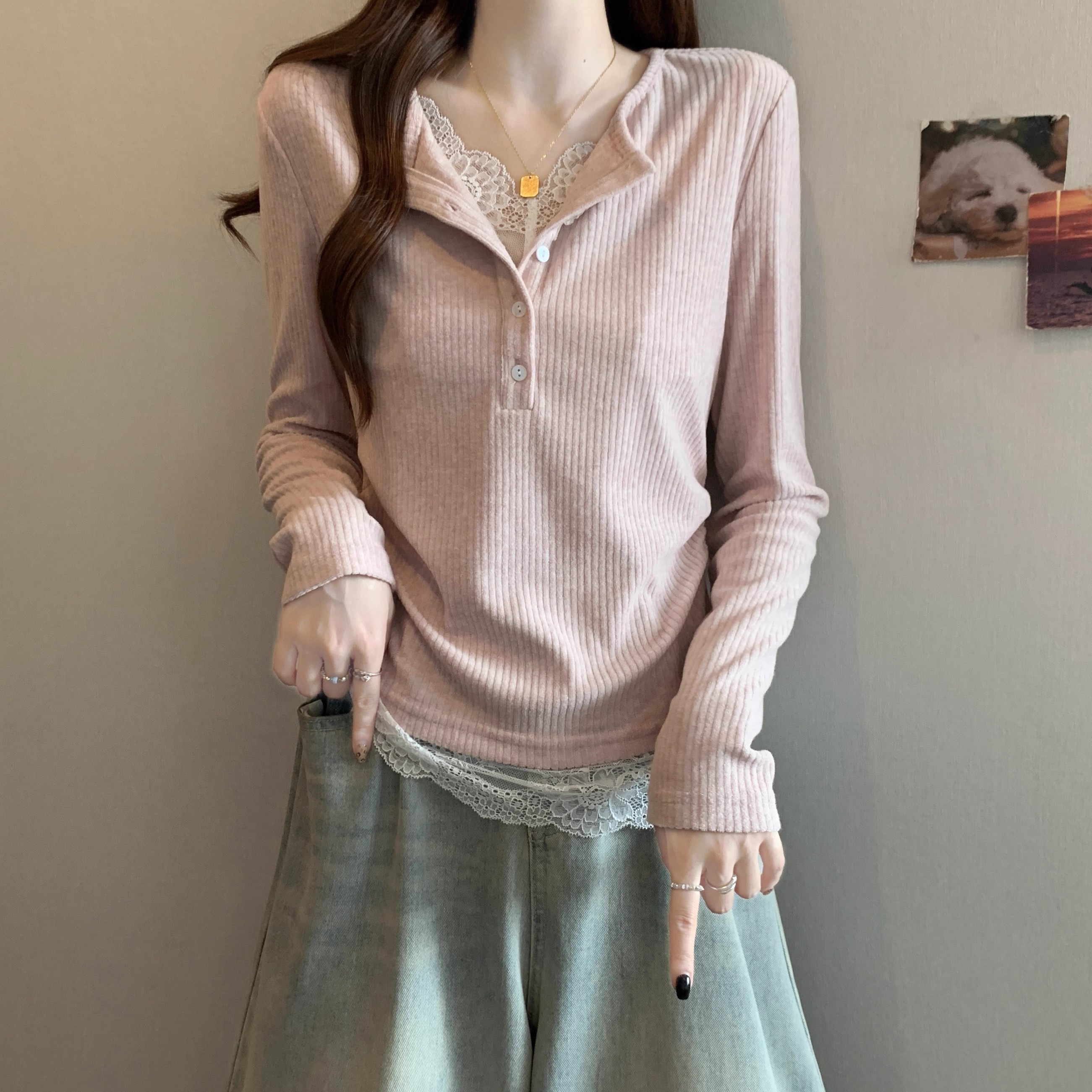 大码假两件蕾丝花边针织T恤女
