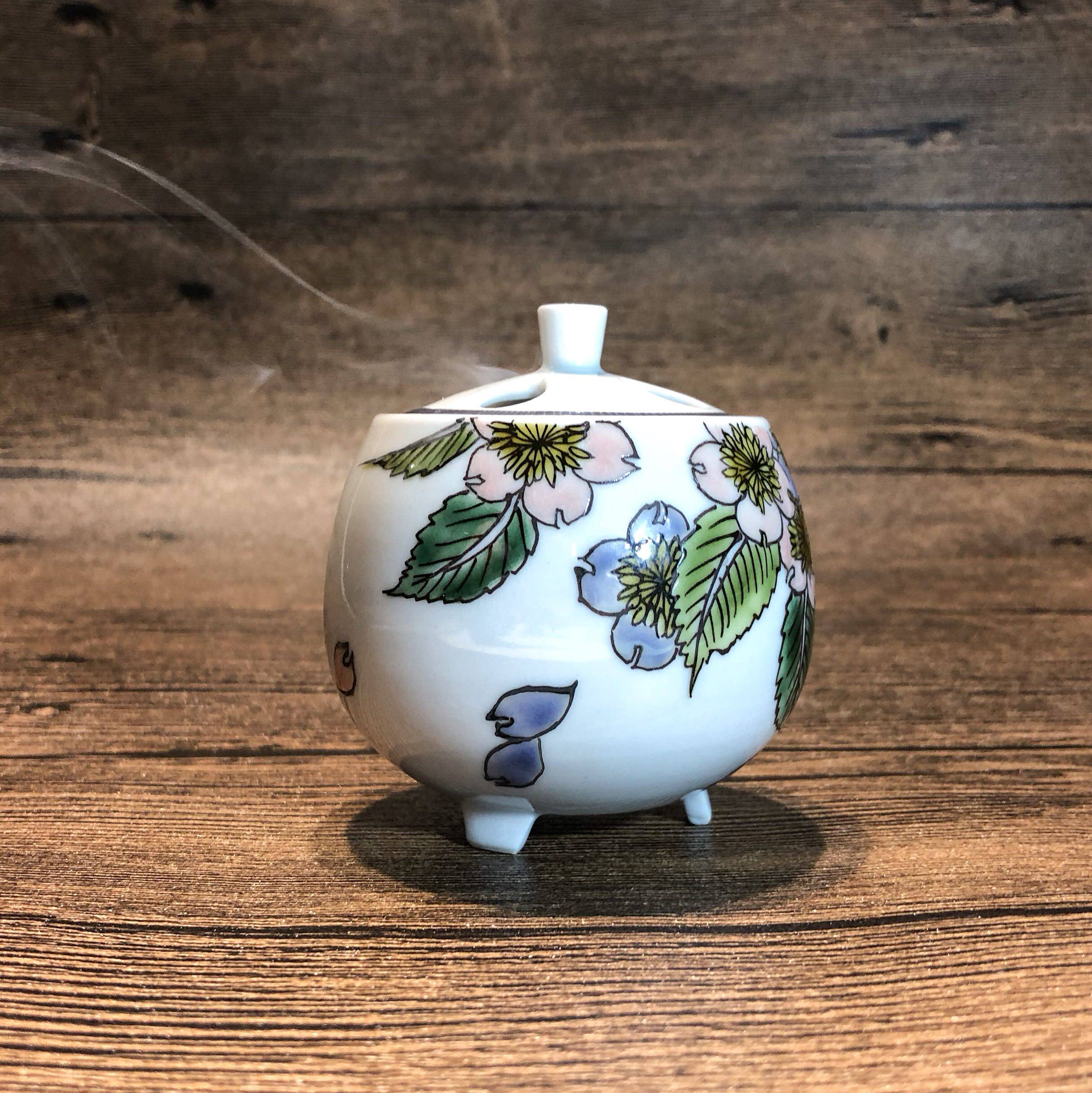 日本进口九谷烧陶瓷豆丸手绘樱花小熏香炉 微盘香炉 瓷器香具包邮