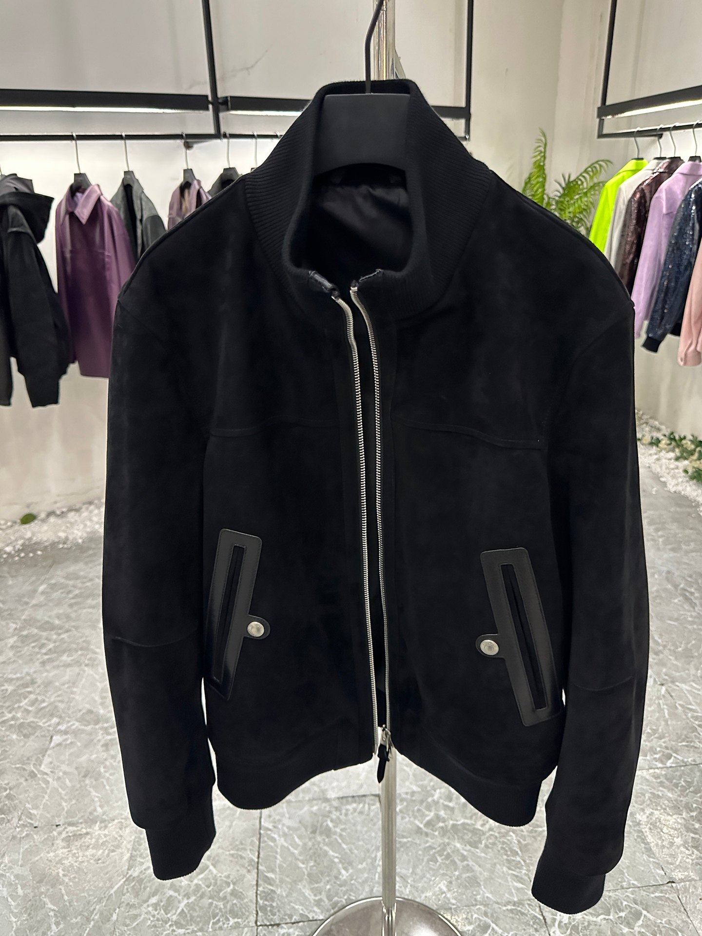 thumbnail for TF Haute Couture Short Stand Collar Bomber Leather Jacket Men's Suede Sheepskin Jacket 5298