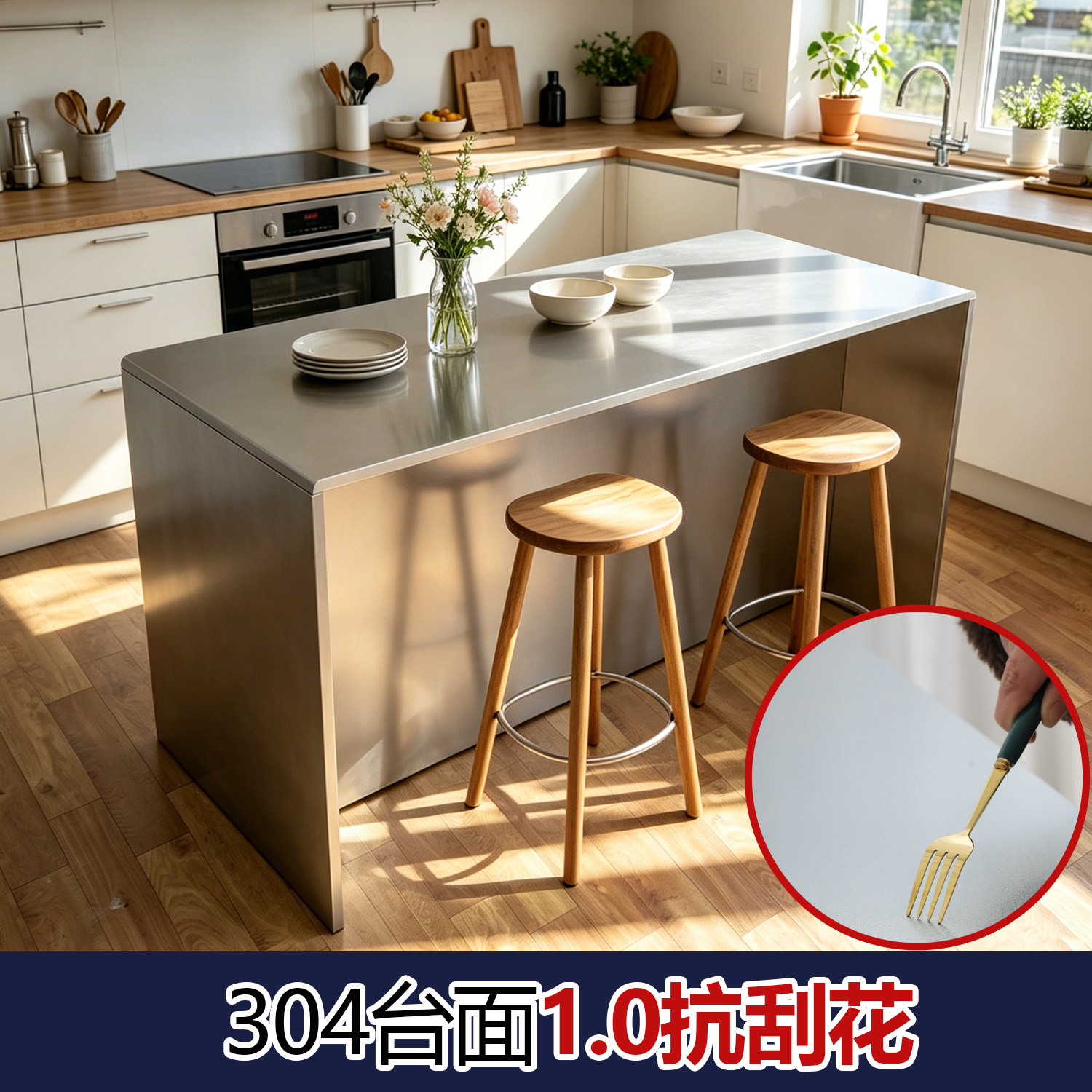 304中岛台操作台工作台抗刮花食品级不锈钢台面吧台高脚桌展示柜