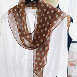 赫本波点真丝棕长巾复古咖色圆点斜角丝巾100%桑蚕丝飘带黑白围巾