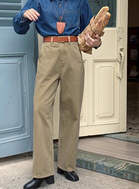 好在 报恩裤 小个子侧缝接线分割设计定染卡其色牛仔工装弯刀裤