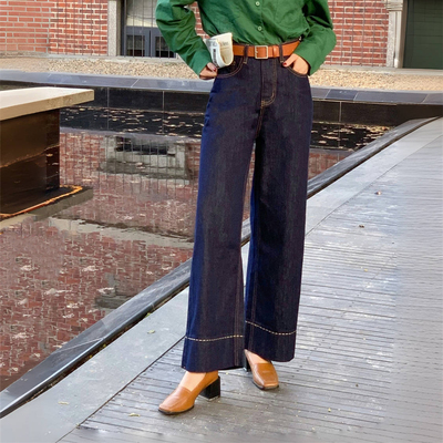 高腰阔腿裤复古百搭刺绣牛仔裤
