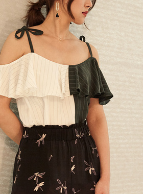 Mars Studio个性拼接设计 去度假！一字肩蝴蝶结吊带露肩荷叶上衣