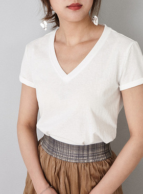Mars Studio低调的小奢华 亮丝微闪 舒适纯棉 夏日V领纯色短袖t恤