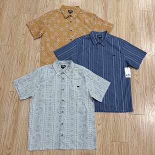 外贸澳洲夏季男士纯棉度假短袖衬衫复古条纹花纹色织翻领休闲衬衣