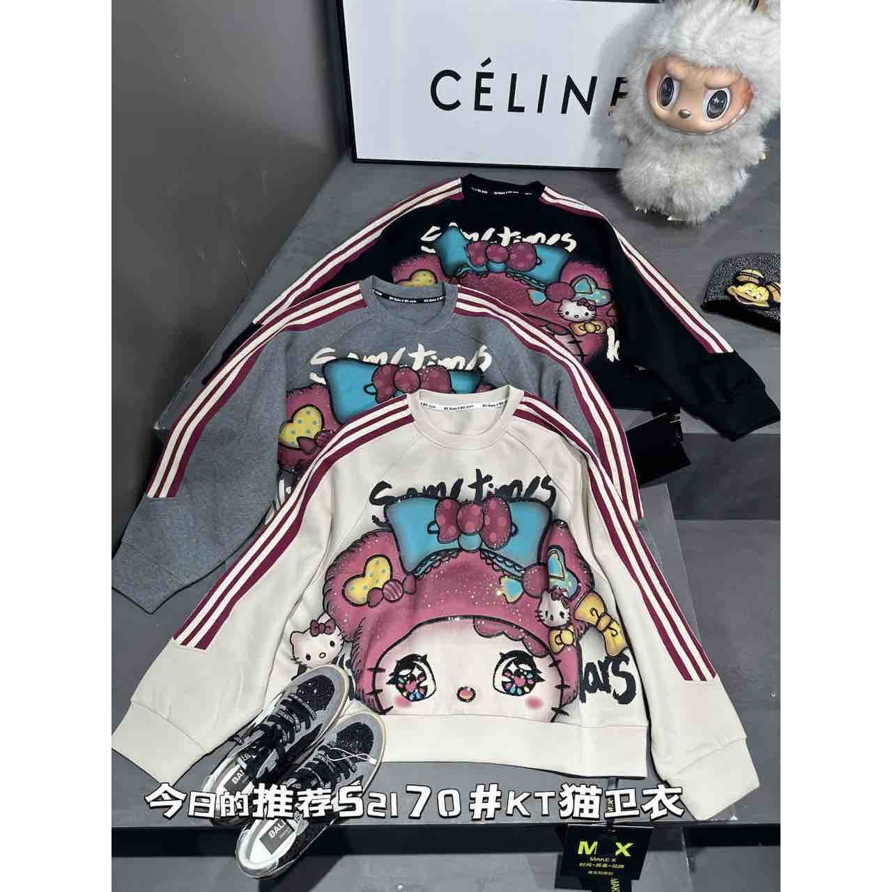 mx欧货潮牌重工卡通KT猫卫衣破洞设计卫衣女宽松减龄休闲百搭上衣