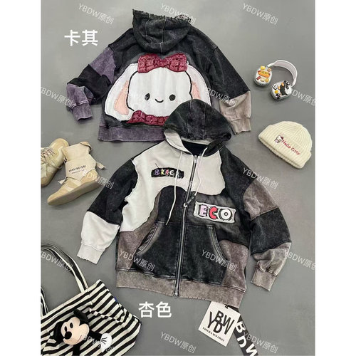 YBDW欧货潮牌重工卡通蝴蝶结狗狗破洞设计短袖外套女宽松上衣